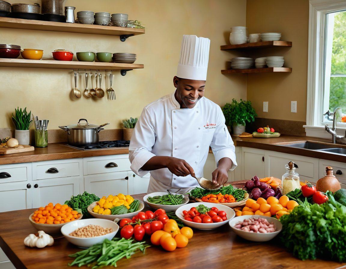 A warm kitchen scene featuring a chef lovingly preparing a colorful plate of heart-shaped dishes, surrounded by fresh ingredients like vegetables, herbs, and spices. The atmosphere should exude warmth and affection, with soft lighting and the aroma of love in the air. Include subtle heart motifs in the food presentation. vibrant colors. cozy setting. painting.