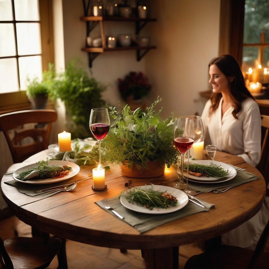 A cozy kitchen setting filled with aromatic ingredients like fresh herbs and spices, a beautifully plated gourmet meal on a rustic wooden table, two wine glasses clinking together in celebration, warm candlelight illuminating the intimate atmosphere, and a couple joyfully cooking together. warm colors. soft lighting. intimate and romantic mood. painting.
