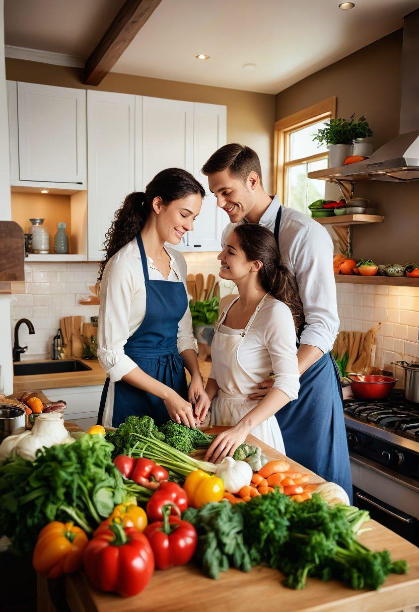 A cozy kitchen scene with a couple cooking together, love notes scattered on the counter, vibrant fresh ingredients, and a heart-shaped dish being prepared. Soft, warm lighting enhances the romantic atmosphere, with steam rising and aromatic herbs visible in the background. super-realistic. warm colors. soft focus.